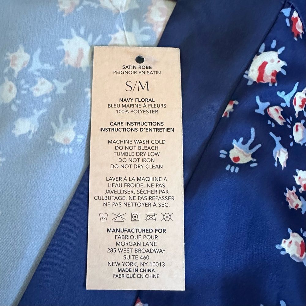 Morgan Lane x FabFitFun Navy Floral Long Sleeve Short Satin Belted Robe Sz S/M - Picture 7 of 12